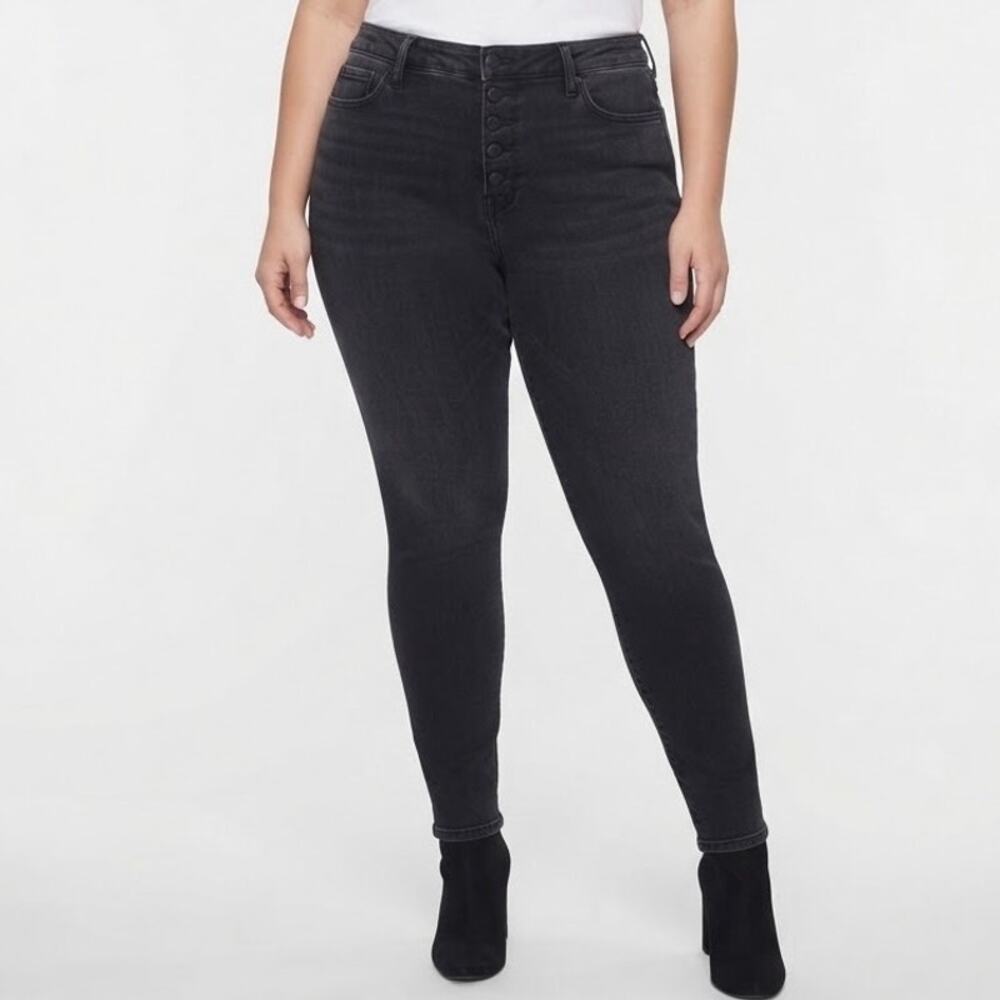 Good American Good Waist Exposed Button Fly Black Wash Skinny Jeans Size 14-18